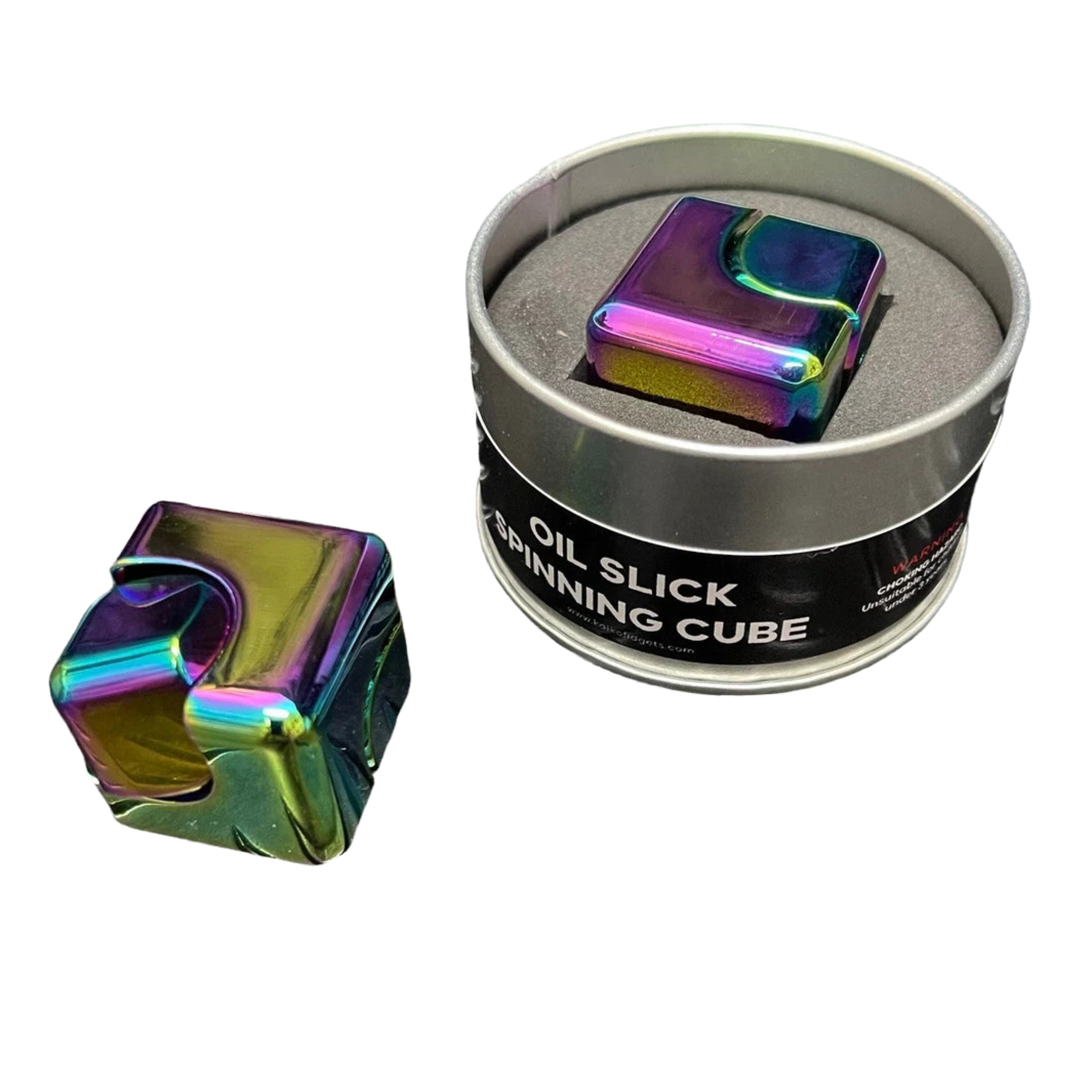 Oil slick spinning cube in tin